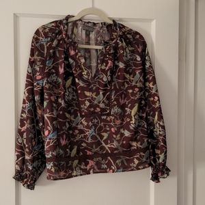 J Crew Ruffle Neck Popover Menagerie Bird Print Blouse Top Size S Point Sur